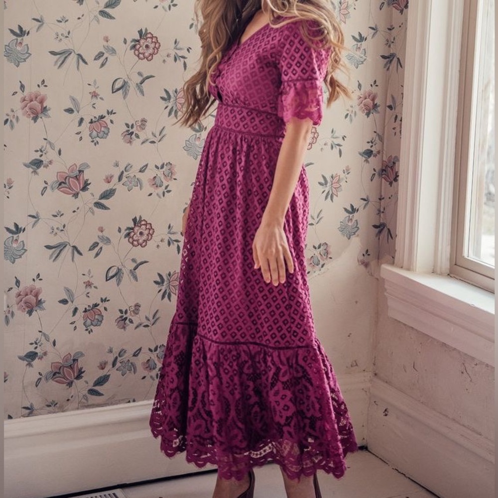 Jessakae Magenta Midi Dress Short Sleeve Lace